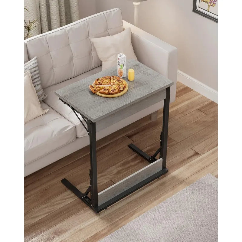 24" Wide Folding C-Shaped End Table, Small Side Desk for Couch, Sofa TV Tray Table with Metal Frame for Living Room, Bedroom,