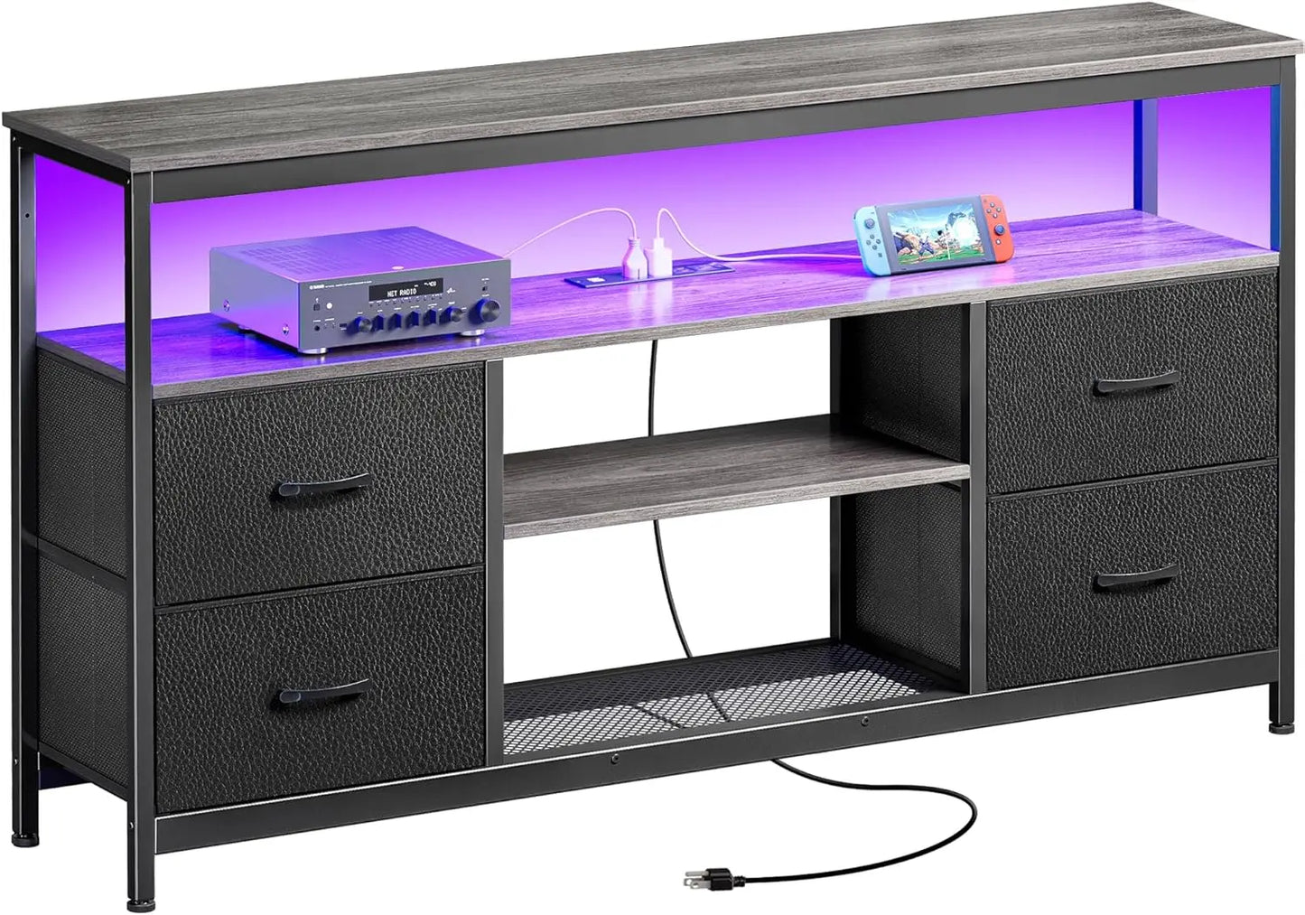 TV Stand Dresser with Power Outlets and LED Lights, 4 Drawers Entertainment Center with Open Shelf, Media Console for 50