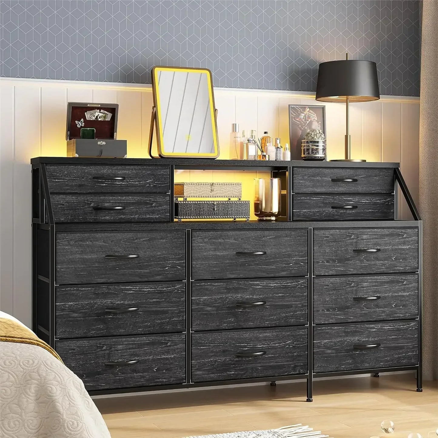Bedroom Dresser with 13 Large Drawer, Dressers & Chests of Drawers, Dressers with 2 Shelves, Wooden Top Metal Frame Rustic Brown
