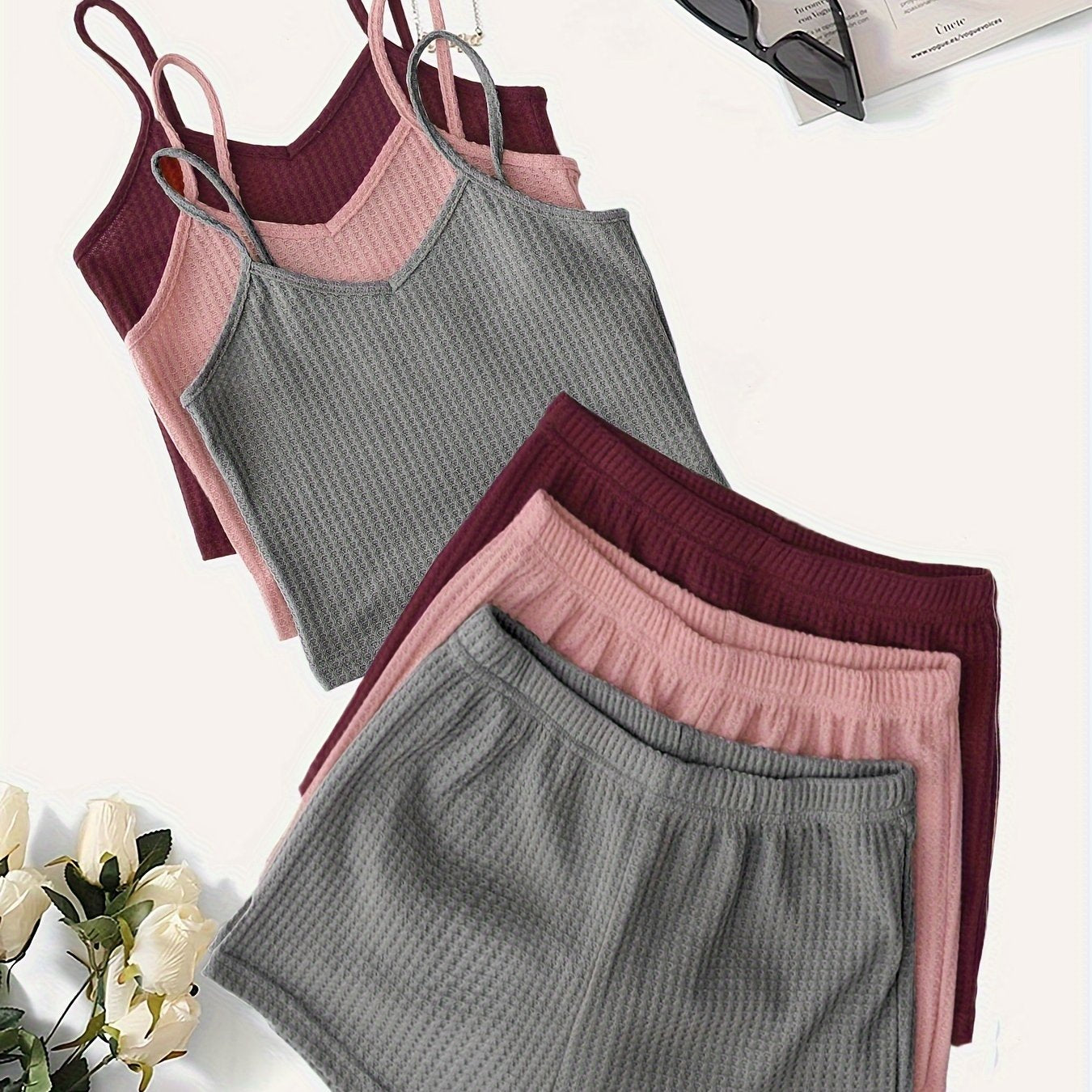 Women'S Elegant Waffle Cami & Shorts Set - Soft Pink & Mint Green, Sleeveless V-Neck Top with Ruffled Straps, High-Waisted Drawstring Shorts, Casual & Comfortable for Spring/Summer, Summer Outfit | Sleeveless Top | Texture