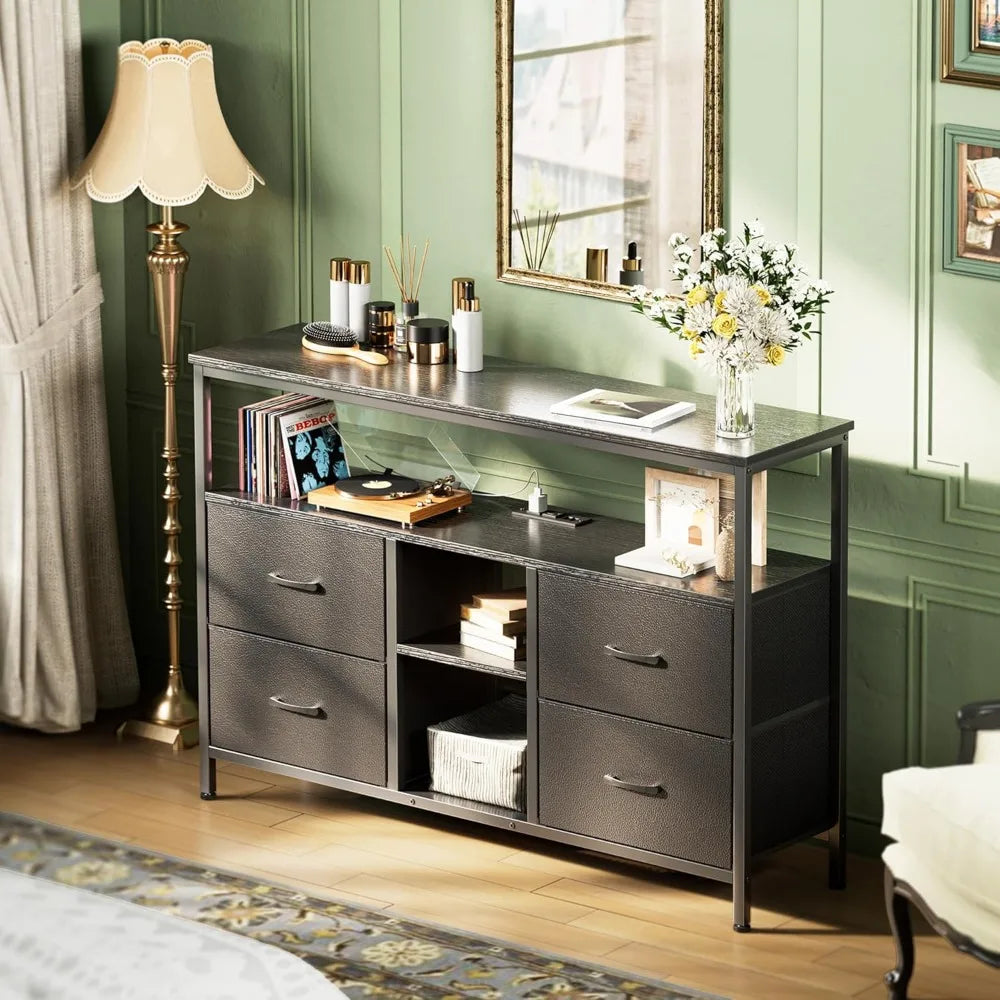 TV Stand Dresser with Power Outlets and LED Lights, 4 Drawers Entertainment Center with Open Shelf, Media Console for 50