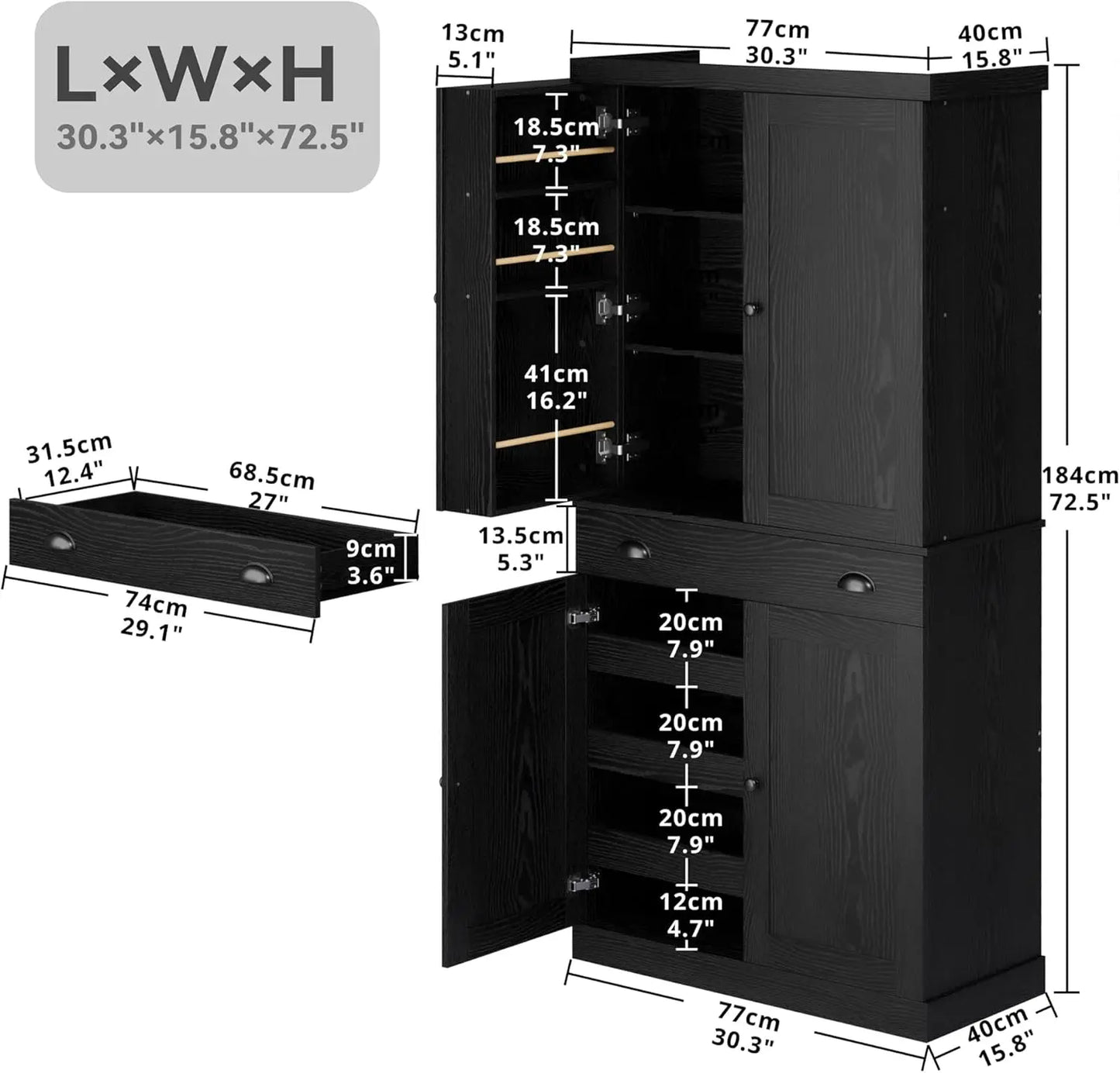 Kitchen Pantry Cabinet Freestanding Cupboard with Drawer, Sliding Storage Rack, and 6 Hanging Shelves
