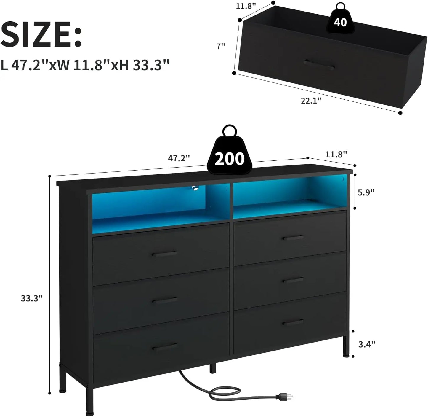 bedroom, Fabric Black Bedroom Dresser with LED Lights and Charging Station, 6 Long Drawers Dresser, Tall Wide Chest of Drawers S