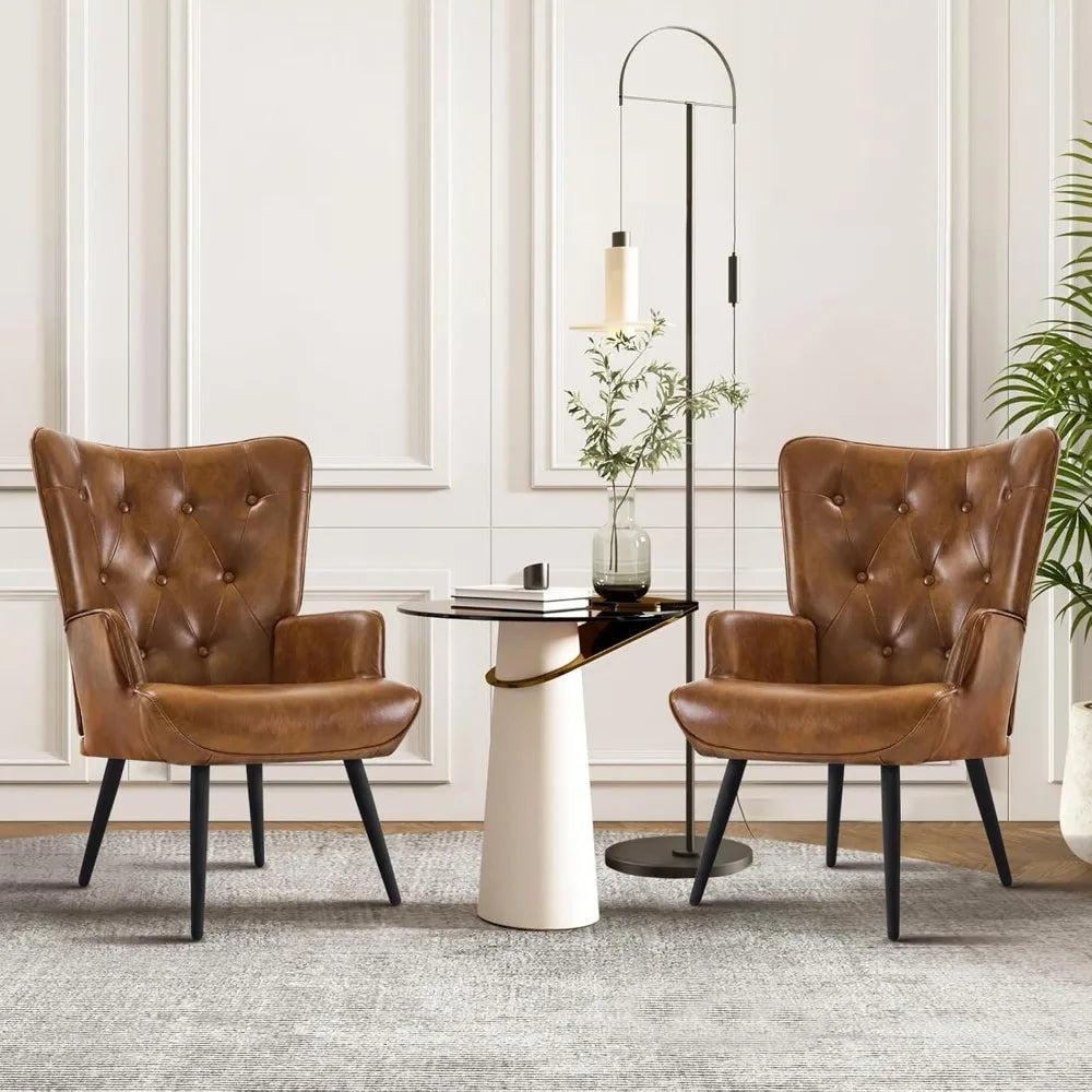 Accent Chairs Set of 2, PU Leather Armchair with High Backrest, Wingback Corner Chair, Mid Century Modern Chair