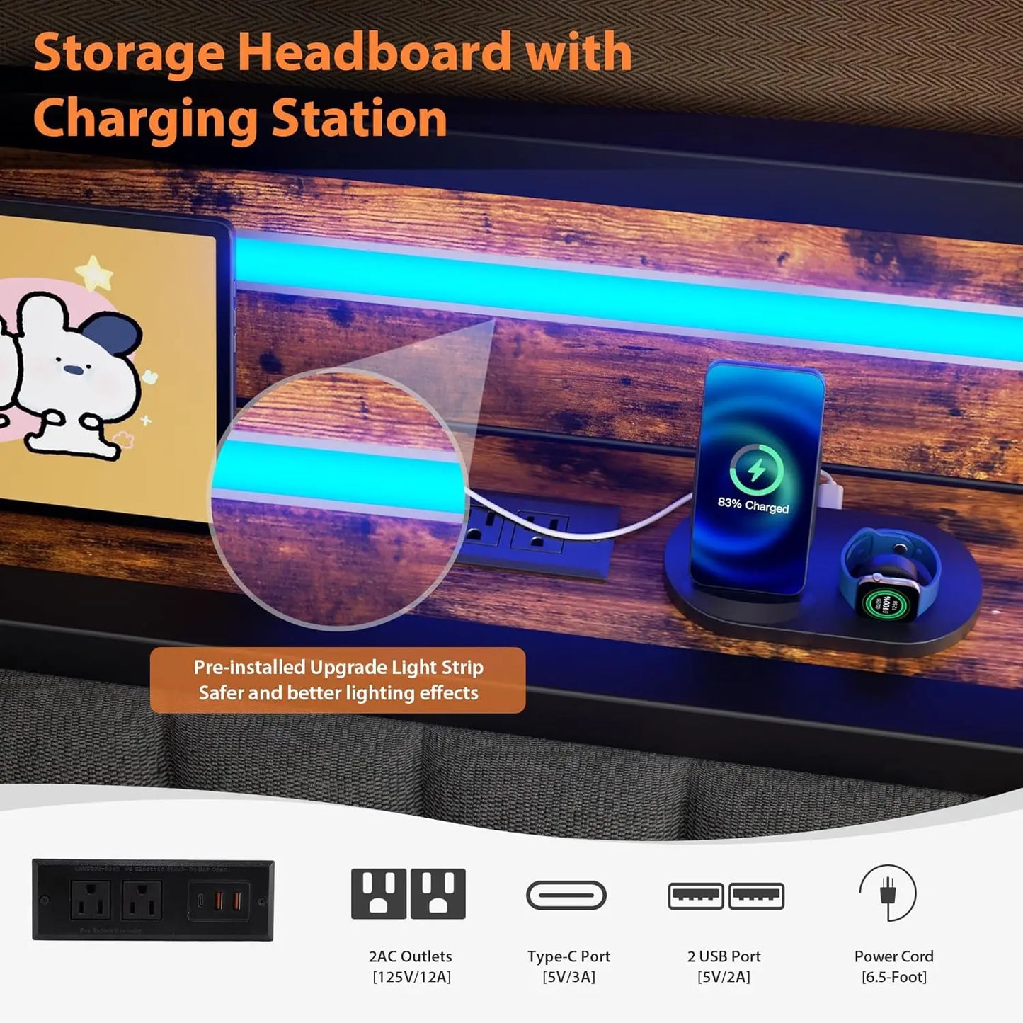 LED Light, Heavy Duty Metal Twin Bed Frame with Upholstered Storage Headboard & Charging Station, Day Bed Pop Up Trundle Bed Twi