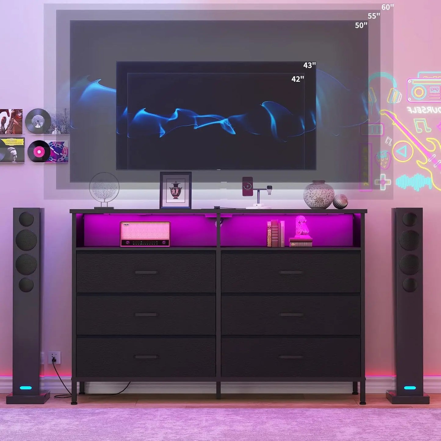 bedroom, Fabric Black Bedroom Dresser with LED Lights and Charging Station, 6 Long Drawers Dresser, Tall Wide Chest of Drawers S