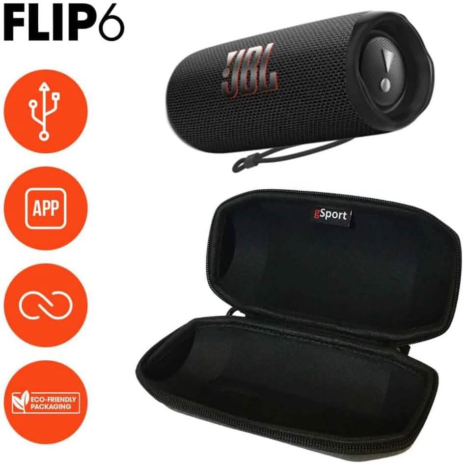 JBL FLIP 6 Waterproof Portable Speaker Bundle with gSport Carbon Fiber Case (Black) (Refurbished)
