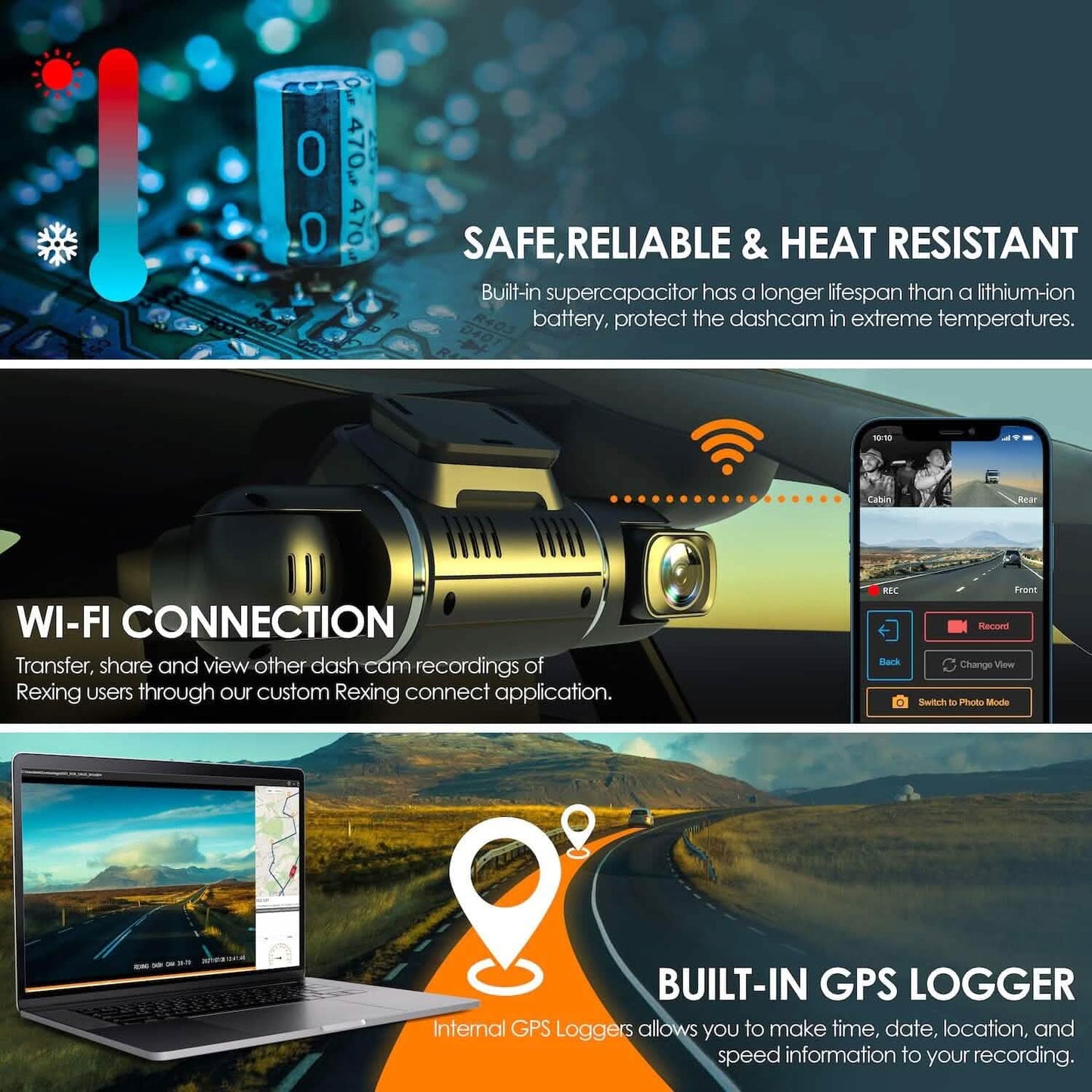 RexingUSA V2 PRO AI Dash Cam 3-Channel Front/Cabin/Rear (Refurbished)