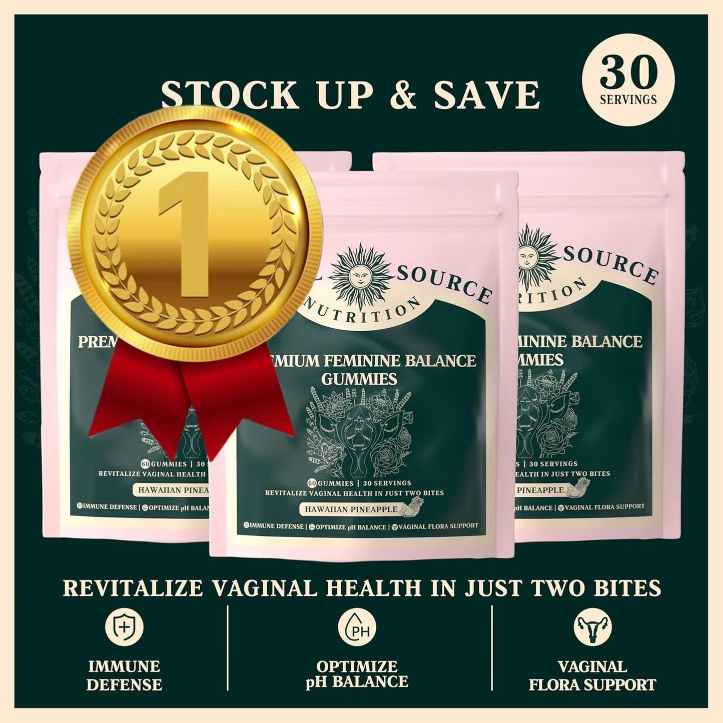 Vital Source Nutrition - Premium Feminine Balance Gummies - for Women’s Health & Wellness - Immune Support - Vegan, Gluten-Free & Halal - Hawaiian Pineapple - 60 Gummies - 30 Servings