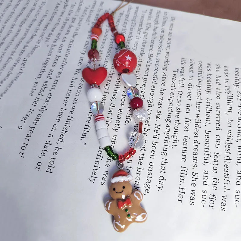 Gingerbread Man Mobile Phone Charm Strap Chain Lanyard Cute Red Green Clear Acrylic Bead Women Christmas Gifts Cellphone Jewelry