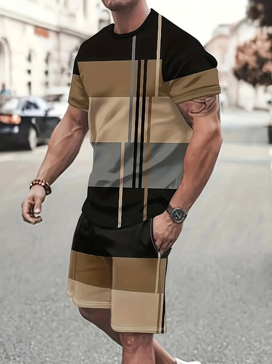 Plus size 2-piece men's fashionable striped printed pattern short sleeved round neck T-shirt and drawstring shorts set, casual street comfortable and breathable, multi-color striped plus size men's clothing