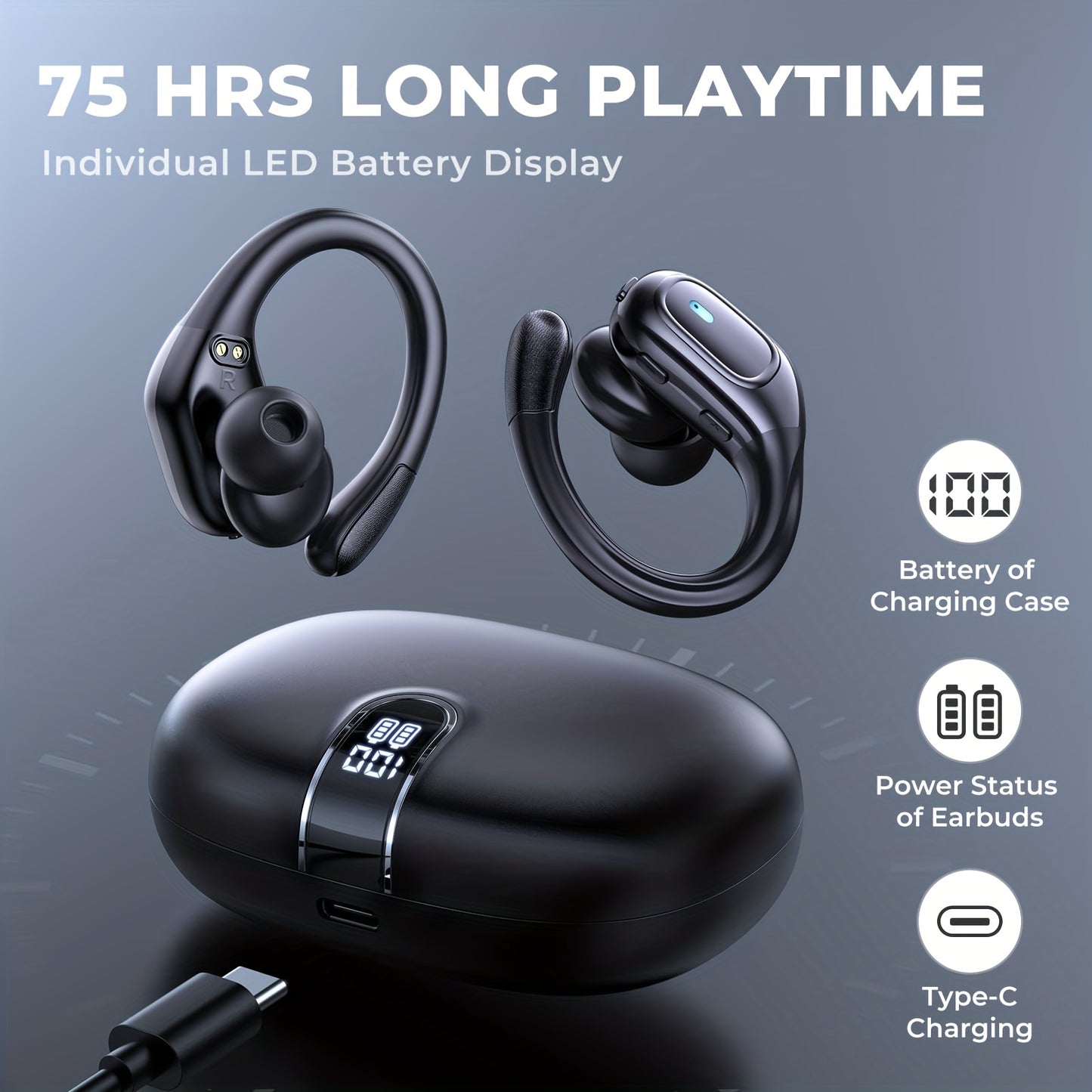 New Wireless Earphones, LIFEBEE Wireless Earbuds for Running Sports Stereo Audio LED Display, ENC Noise Cancelling Headset Built-in Mic Over-Ear Headphones Earphones with Earhooks, Sports Headphones, Workout Earbuds, Lightwei