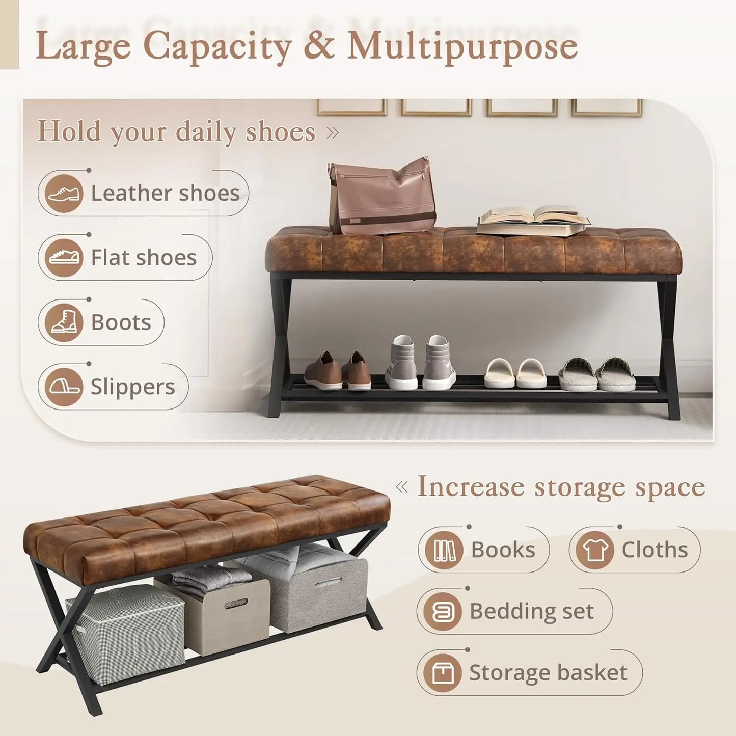 End of Bed Bench with Shelf, Linen Tufted Upholstered Storage Shoe Bench, Modern Bedroom Bench with Metal Legs for Living Room,