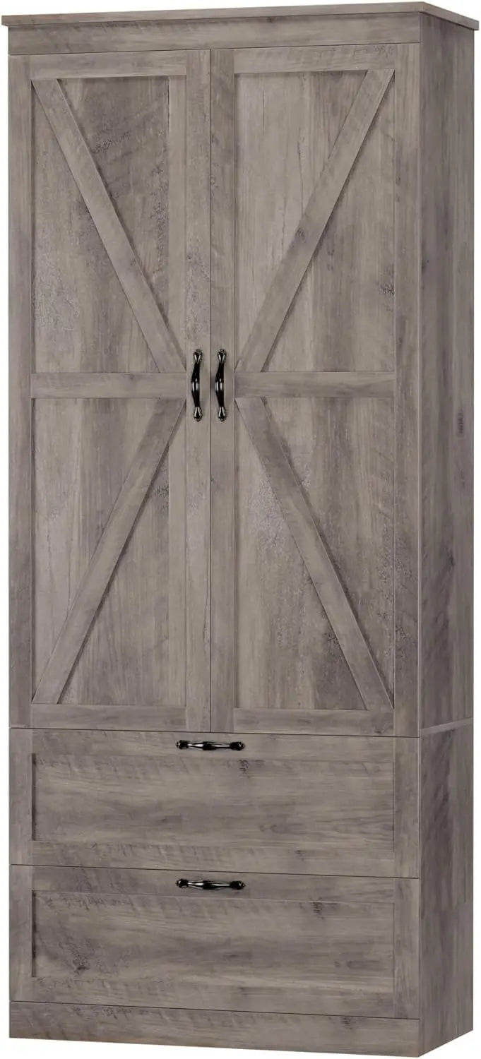 Tall Kitchen Pantry Storage Cabinet, Barn Doors Pantry Cabinet with Drawers and Adjustable Shelf,