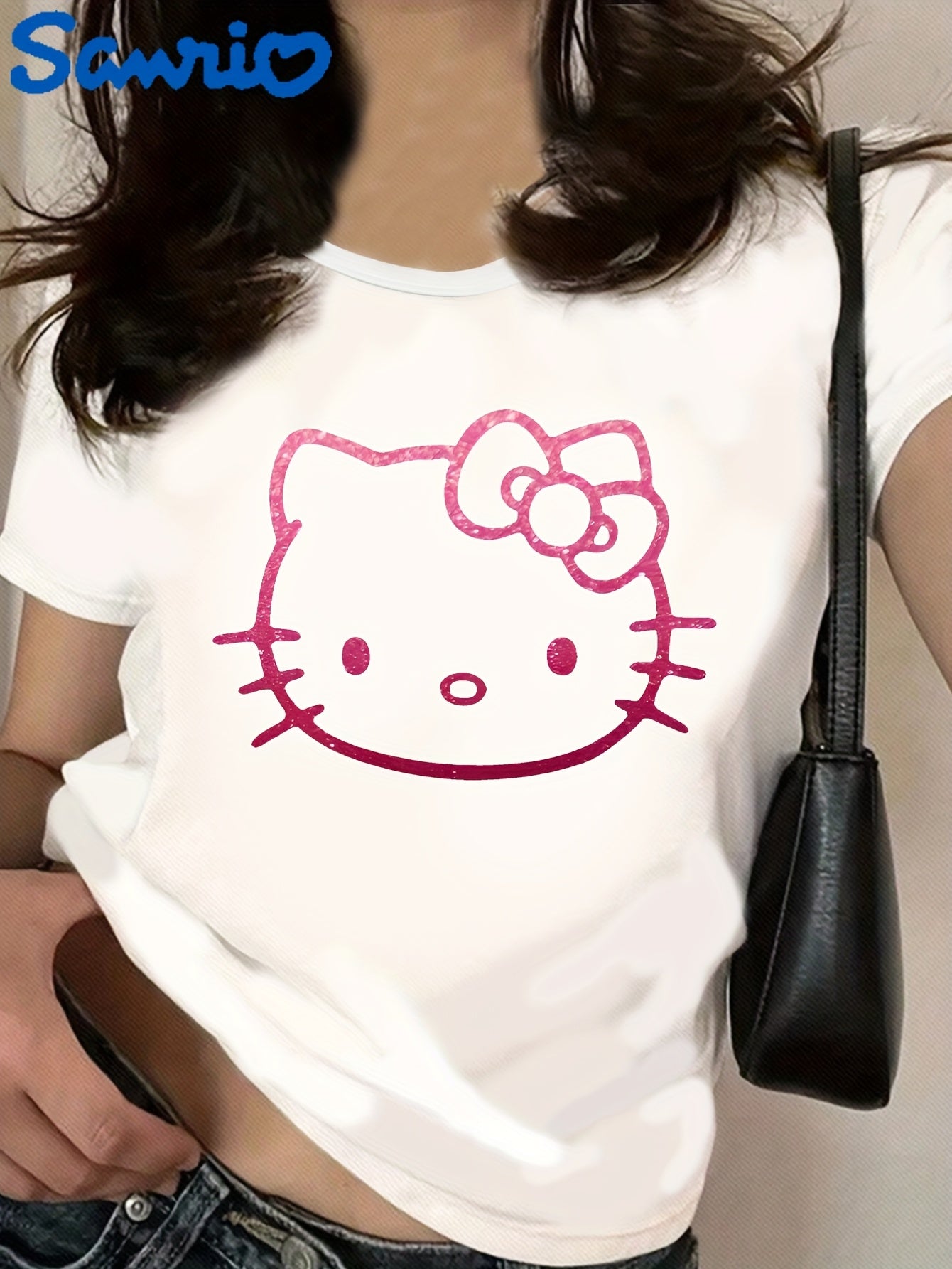 Sanrio Hello Kitty Cute Cartoon Print Women's Short Sleeve T-Shirt - Soft Polyester Blend, Round Neck, Machine Washable, White with Pink Graphic Design, Perfect for Spring/Summer Casual Wear