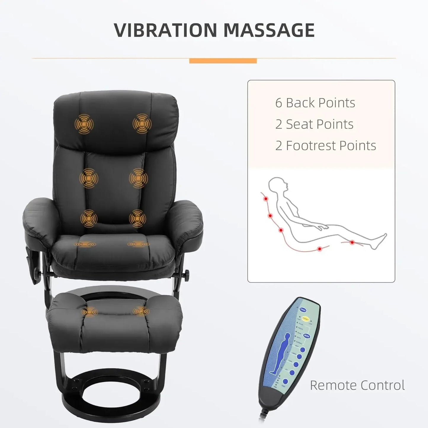 PU Leather Massage Recliner Chair with Ottoman 10 Point Vibration Swiveling Armchair, Black