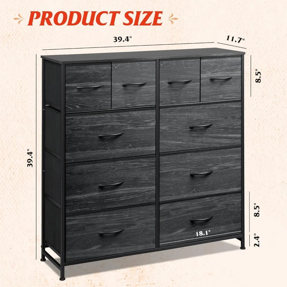 Dresser for Bedroom with 10 Fabric Drawers, Tall Chest Organizer Units for Clothing, Storage Tower with Cabinet, Metal Frame