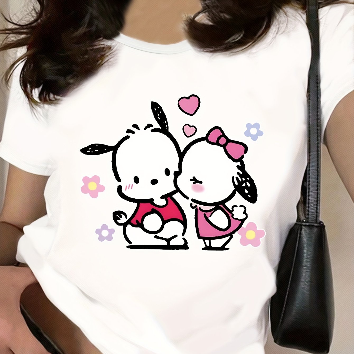 Sanrio Hello Kitty Pochacco Cute Cartoon Print Women's T-Shirt - Black Casual Round Neck Tee with Heart & Flower Design, Soft Polyester Blend for Spring/Summer, Hello Kitty Shirt