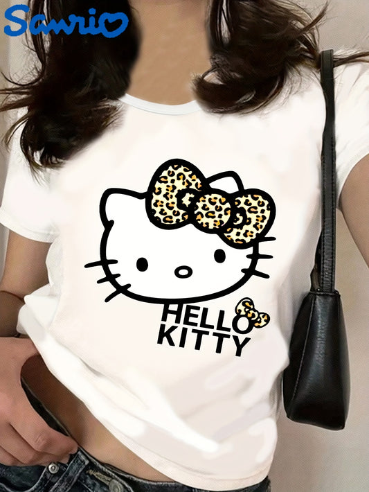 Sanrio Hello Kitty Leopard Print Bow Cute Cartoon Graphic Women's T-Shirt - White Casual Round Neck Tee for Spring/Summer, Soft Polyester Blend, Machine Washable, Everyday Tee | Cartoon Print Top | Hello Kitty Design, Sanrio