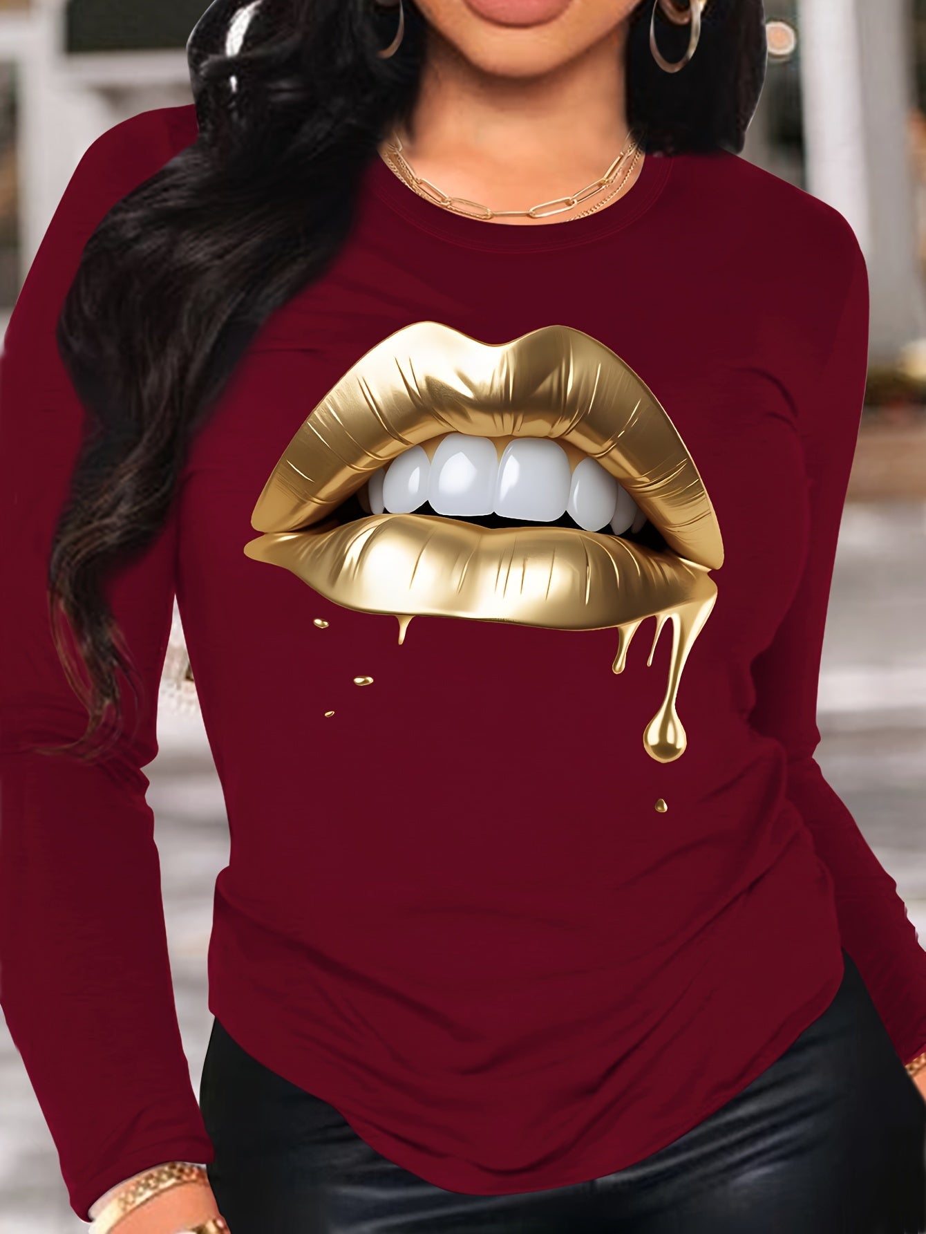 Vibrant Lips Print Long Sleeve Crew Neck T-shirt - Women's Casual Spring & Fall Clothing - Comfortable, Relaxed Fit, Soft Fabric, Stylish Graphic Tee for Ladies