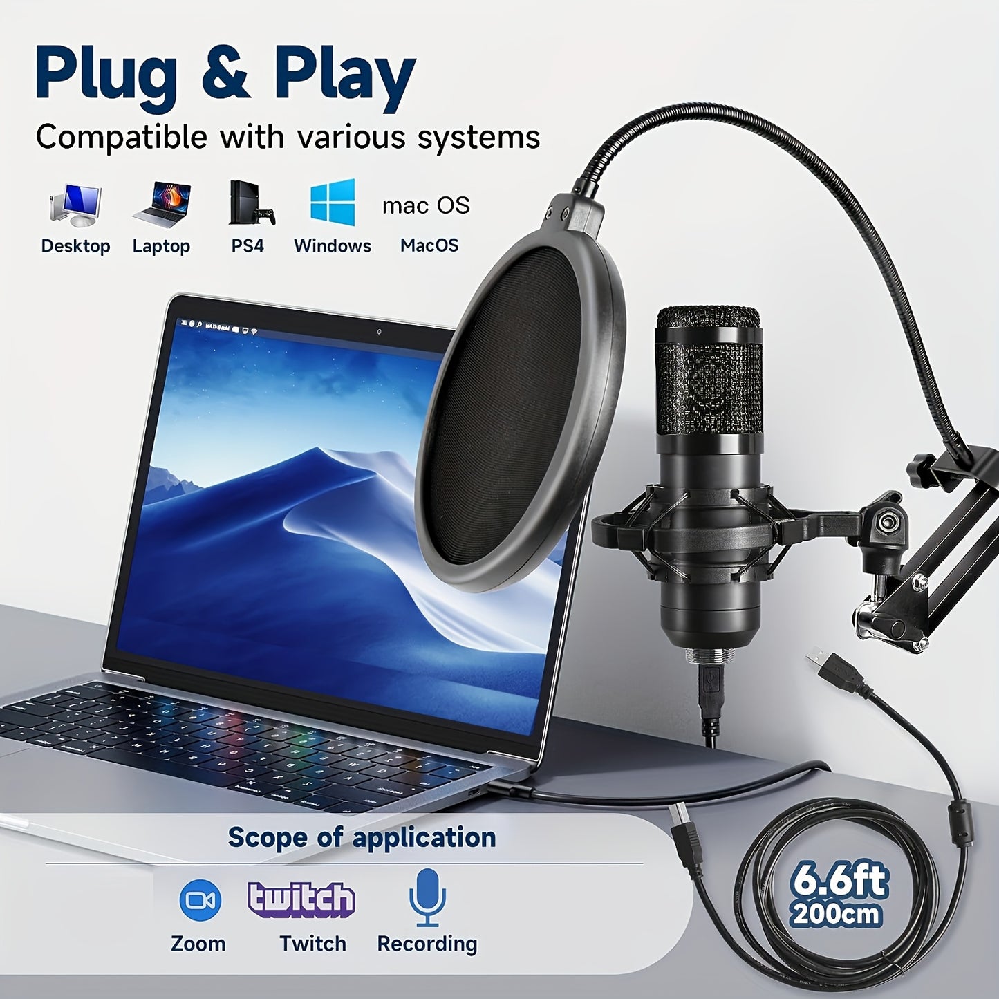 USB Microphone, Professional 192kHz/24Bit Plug & Play PC Computer Condenser Cardioid Mic Kit with Sound Advanced Chipset, for Streaming, Podcast, Studio Recording and Games