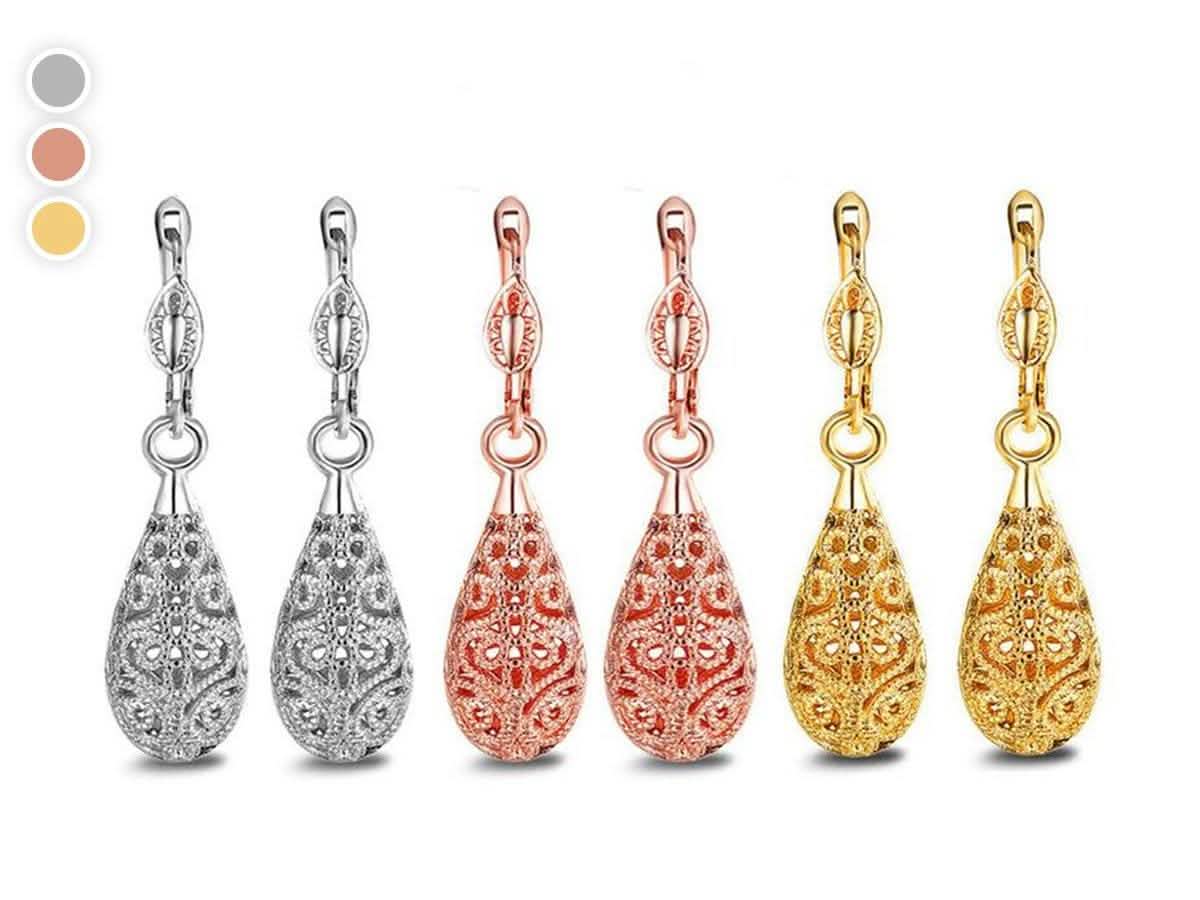 18K Gold Laser Cut Filigree Drop Earrings - Assorted Colors