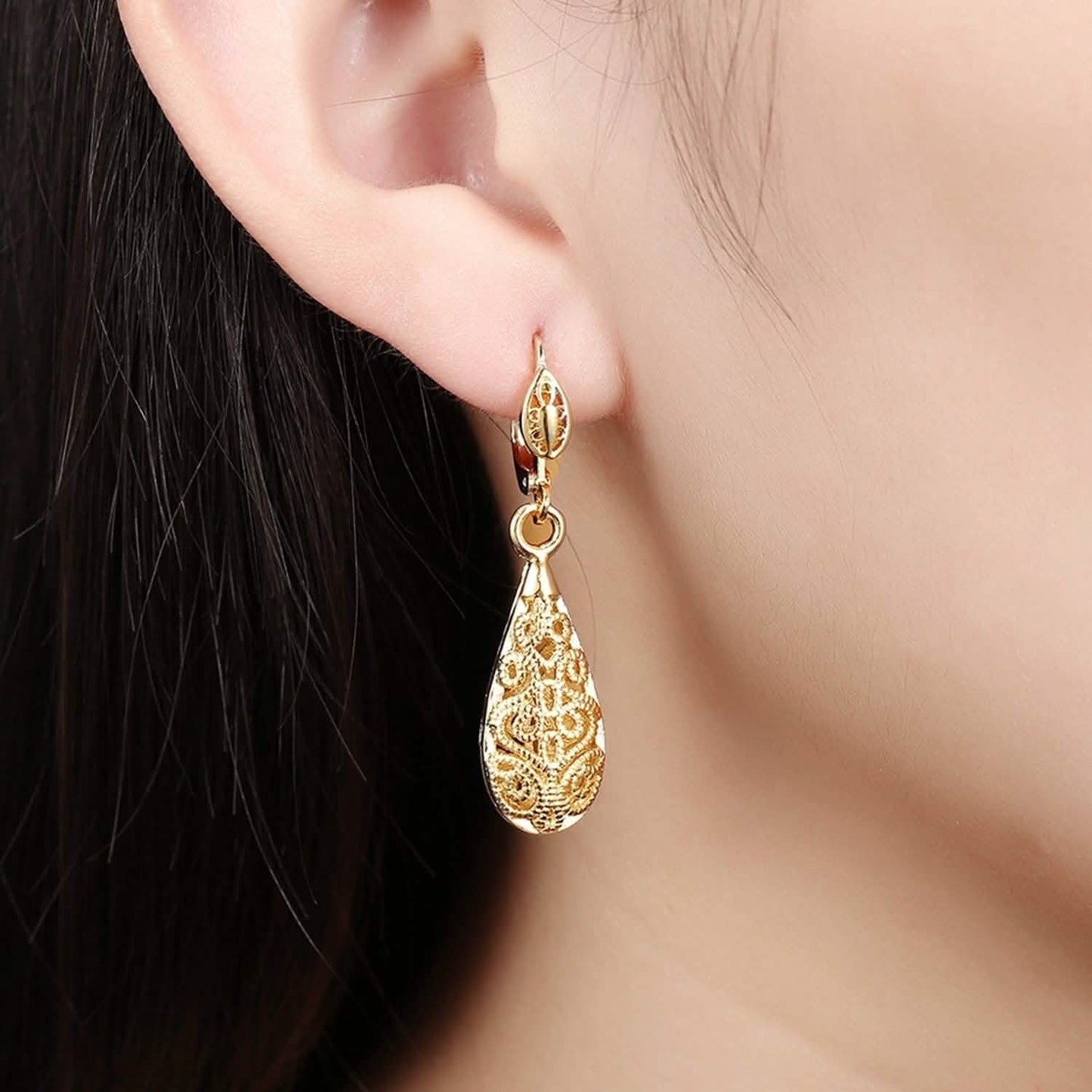 18K Gold Laser Cut Filigree Drop Earrings - Assorted Colors