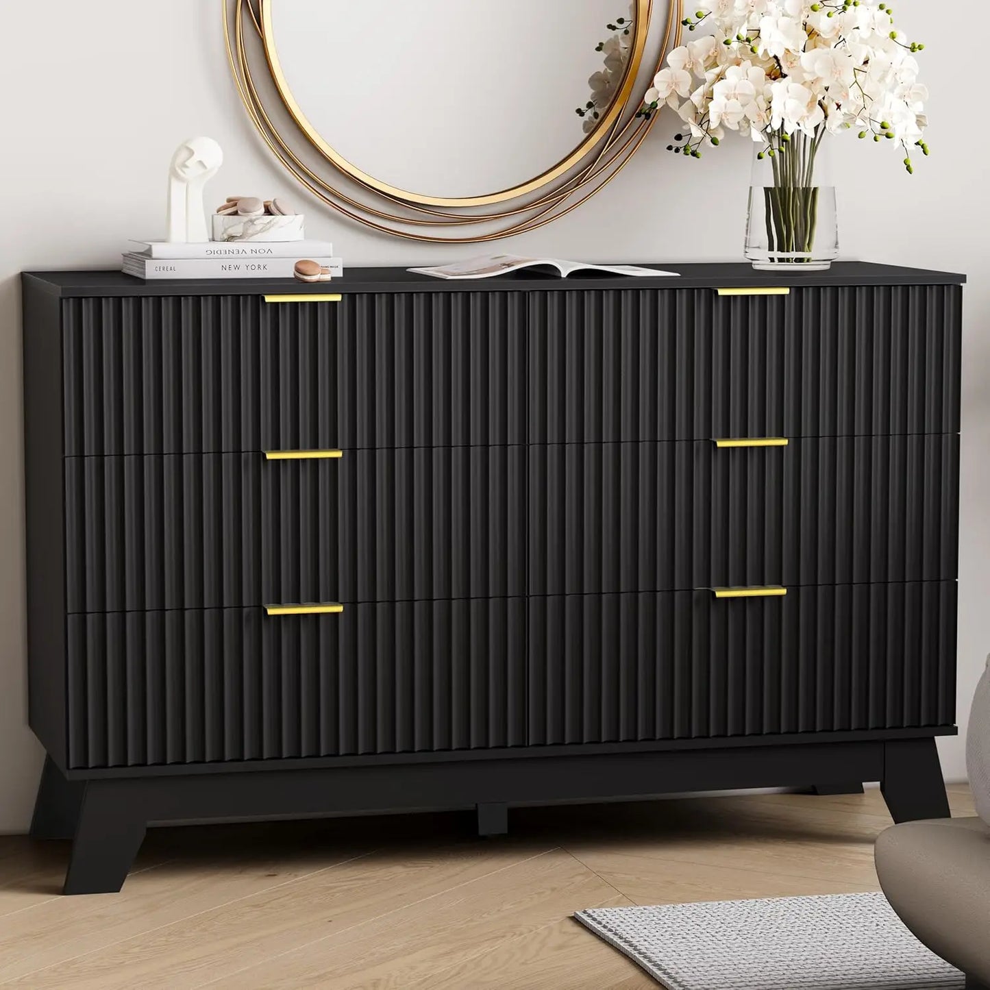 6 Drawer Dresser for Bedroom, Black Fluted Dresser Chest of Drawers with Gold Handle, Wood Mid Century Modern