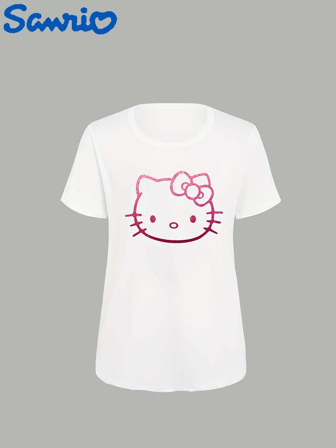 Sanrio Hello Kitty Cute Cartoon Print Women's Short Sleeve T-Shirt - Soft Polyester Blend, Round Neck, Machine Washable, White with Pink Graphic Design, Perfect for Spring/Summer Casual Wear