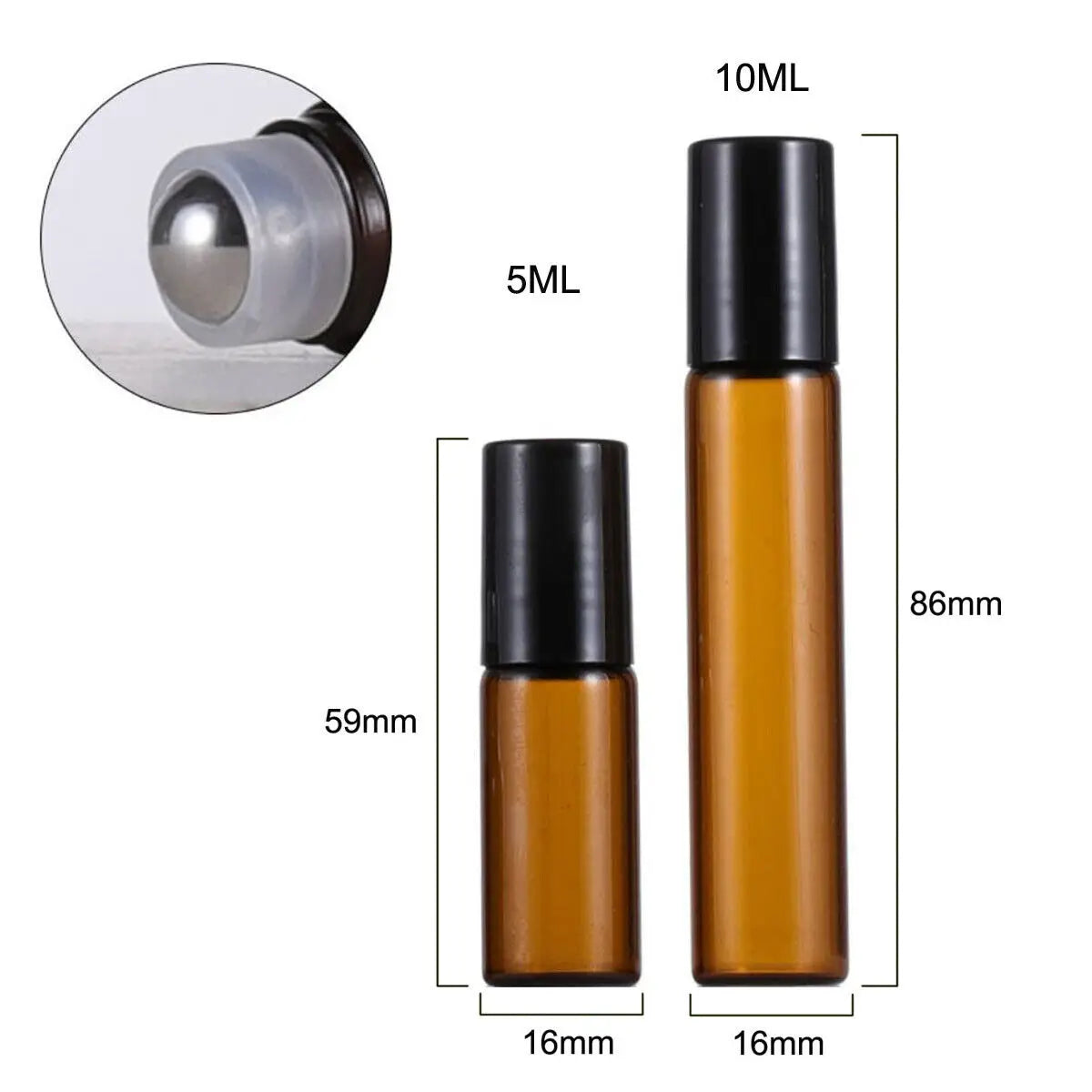 5PCS Glass Essential Oils Roller Bottles 1/2/3/5/10ml Amber / Clear Roll on Vials Plastic Caps Lids Perfume Refillable Portable