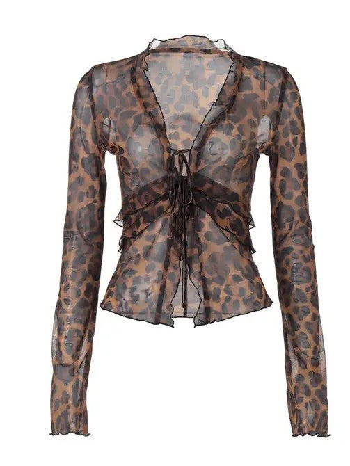 Leopard Print Mesh ruffled top
