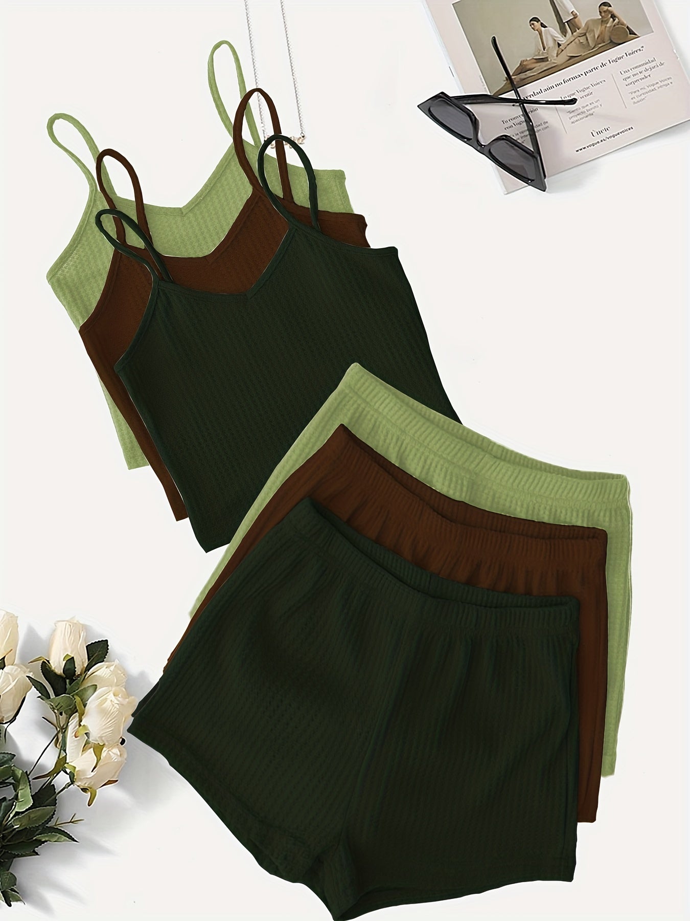 Women'S Elegant Waffle Cami & Shorts Set - Soft Pink & Mint Green, Sleeveless V-Neck Top with Ruffled Straps, High-Waisted Drawstring Shorts, Casual & Comfortable for Spring/Summer, Summer Outfit | Sleeveless Top | Texture