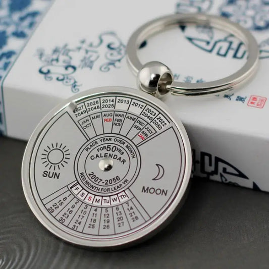 Fashion 50 Years Super Perpetual Calendar Keychain Silver Color Jewelry Astrology Party Key Chains Holder Car Bag Keyring Gifts