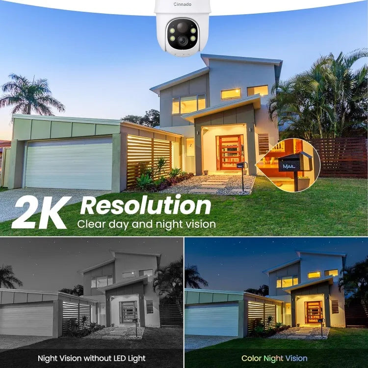 2K Cameras for Home Security-2.4G WiFi Outdoor Camera Wireless Solar/Battery Powered, 360° Viewing, Human Detection