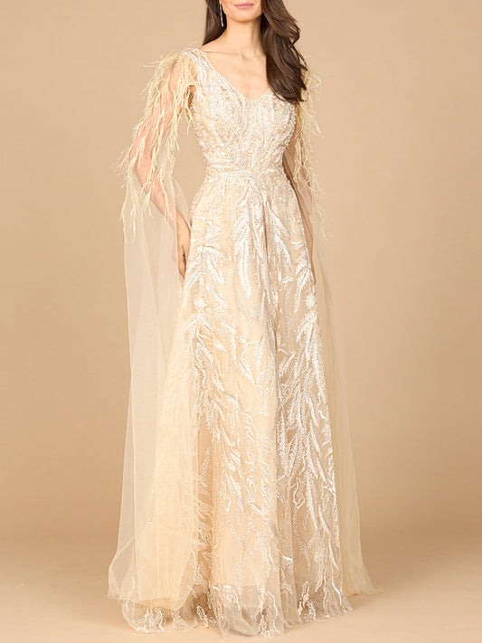 V-Neck Lace Gown with Cape Sleeves