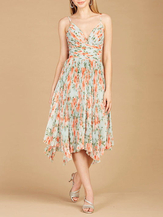 V-Neck Printed Midi Length Dress with Pleats