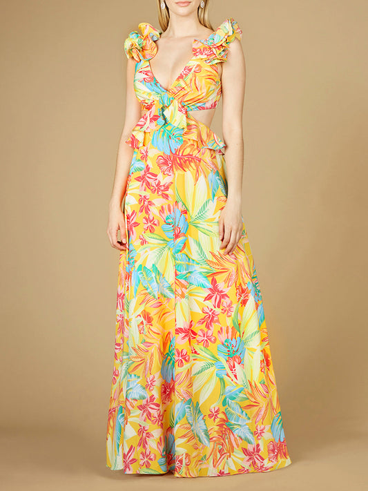 V-Neck Long Print Gown with Ruffled Straps - OUTLET