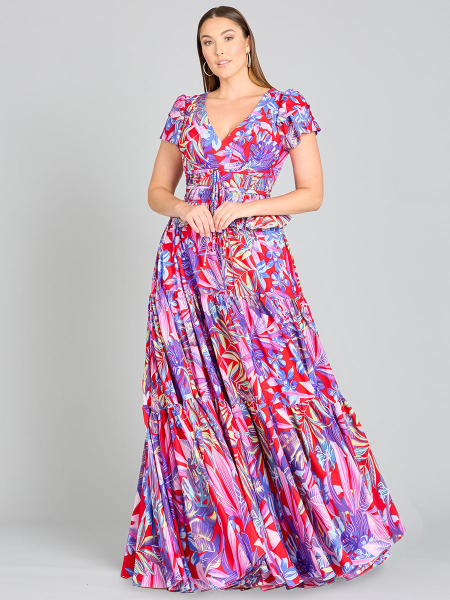 V-Neck Long Print Gown with Cap Sleeves - OUTLET