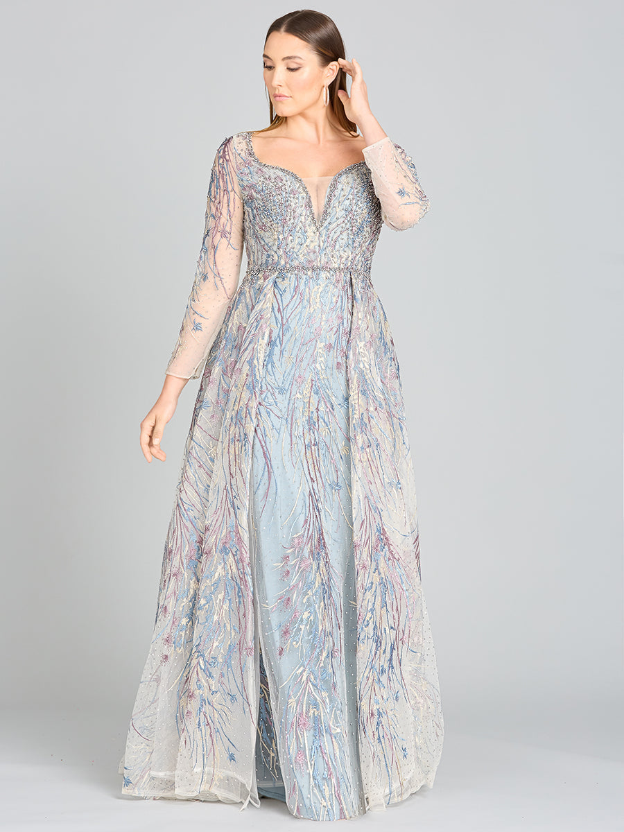 Long Sleeve Lace Gown with Overskirt