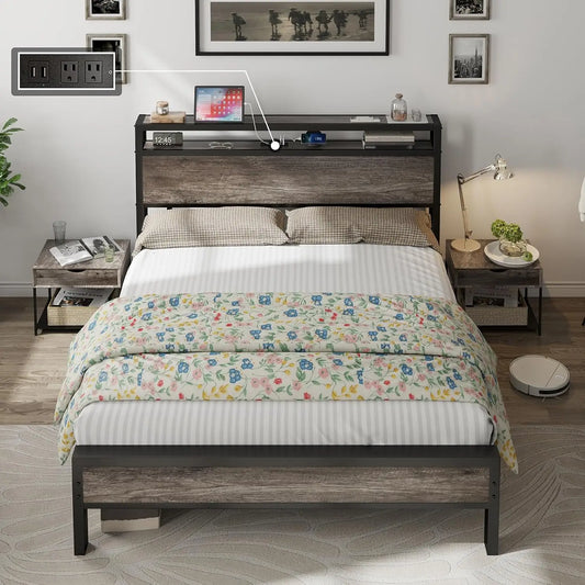 Queen Size Bed Frame Industrial Platform Bed with Charging Station, 2-Tier Storage Headboard/No Box Spring Needed/Noise
