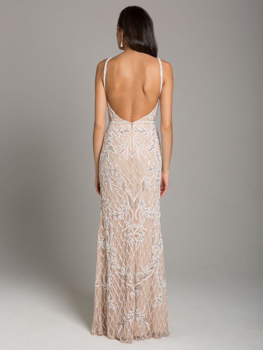 Lara Beverly Long Beaded Low Back V Neck Sleeveless Dress