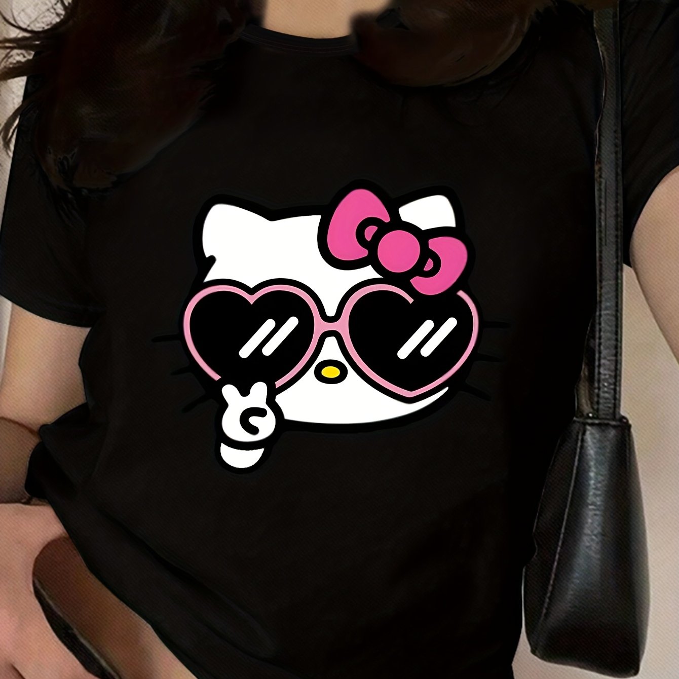 Sanrio for hello kitty Cartoon Cute Printed Crew Neck Casual Polyester T-Shirt, for Women