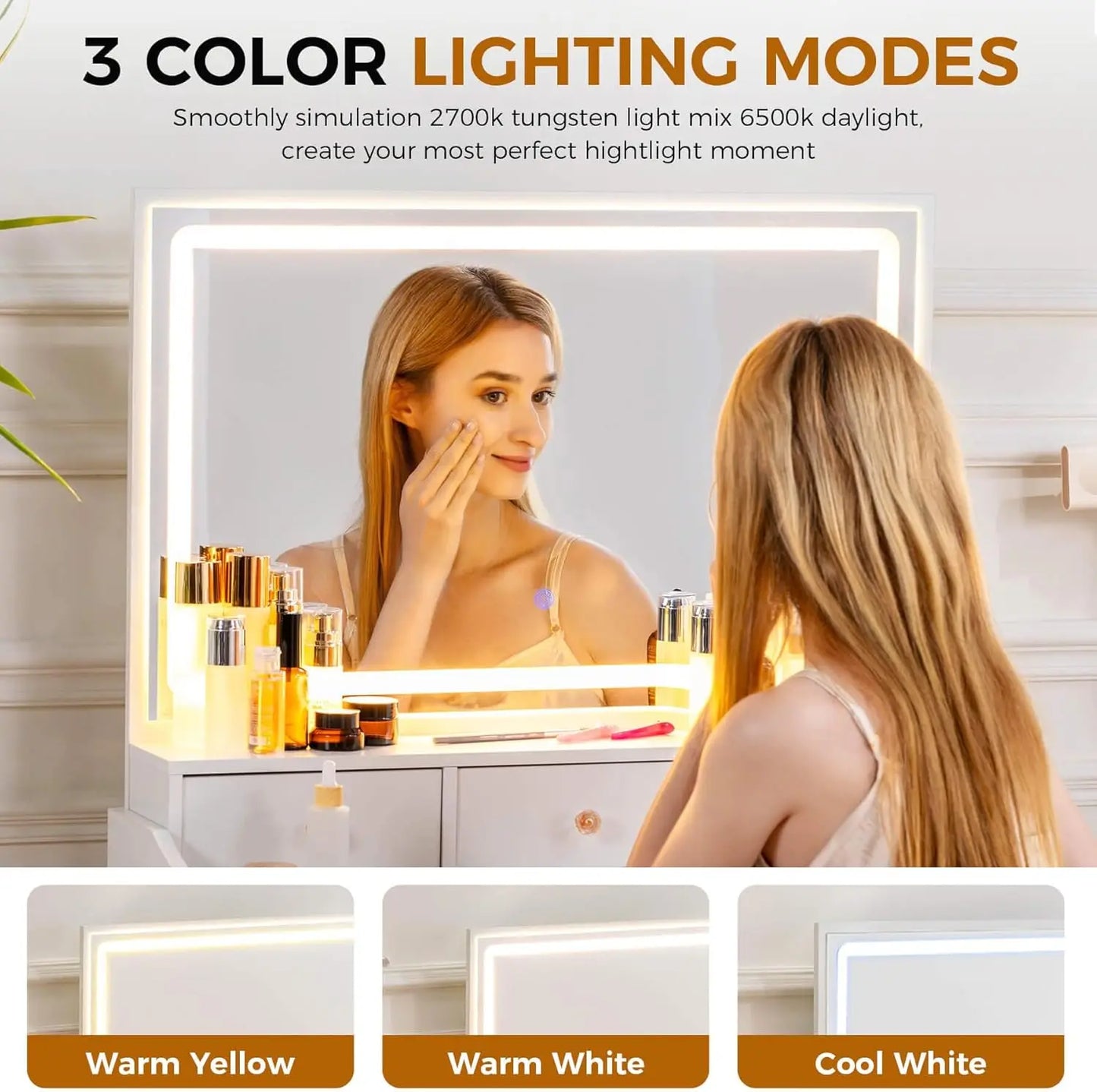 Makeup Vanity Desk with Mirror and Lights, Vanity Table and Chair Set with 5 Drawers and Charging Station, Bedroom Dresser LED M