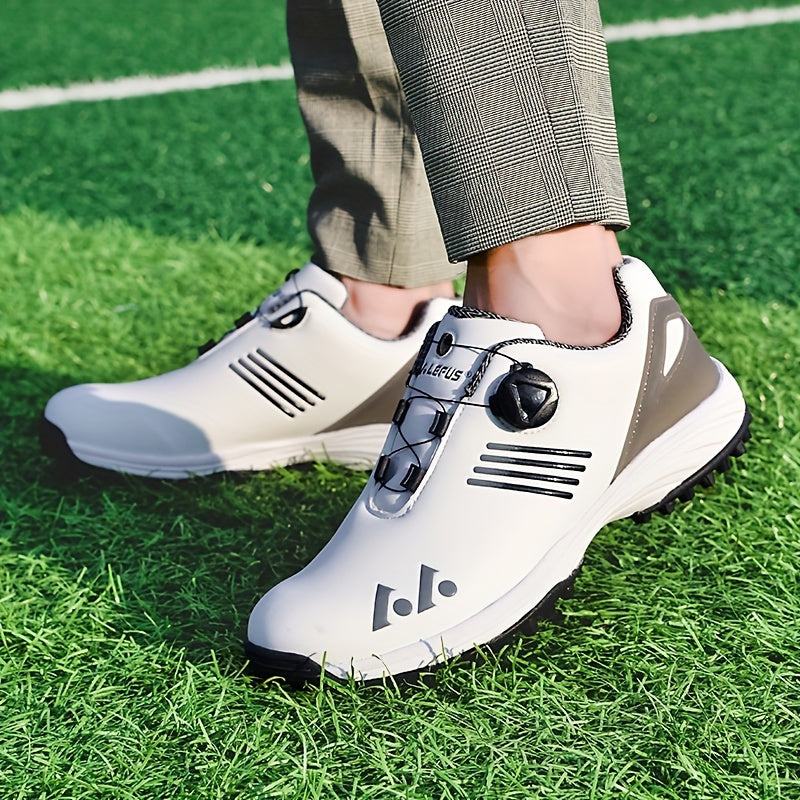 LEFUS Men's High Quality Golf Shoes with Non-Slip Rubber Sole & Swivel Button Closure - All-Weather All-Season Sneakers, Cushioned Insole, White & Black/Gray Athletic Footwear with Traction Tread - Ideal for Golf, Casual & Sp