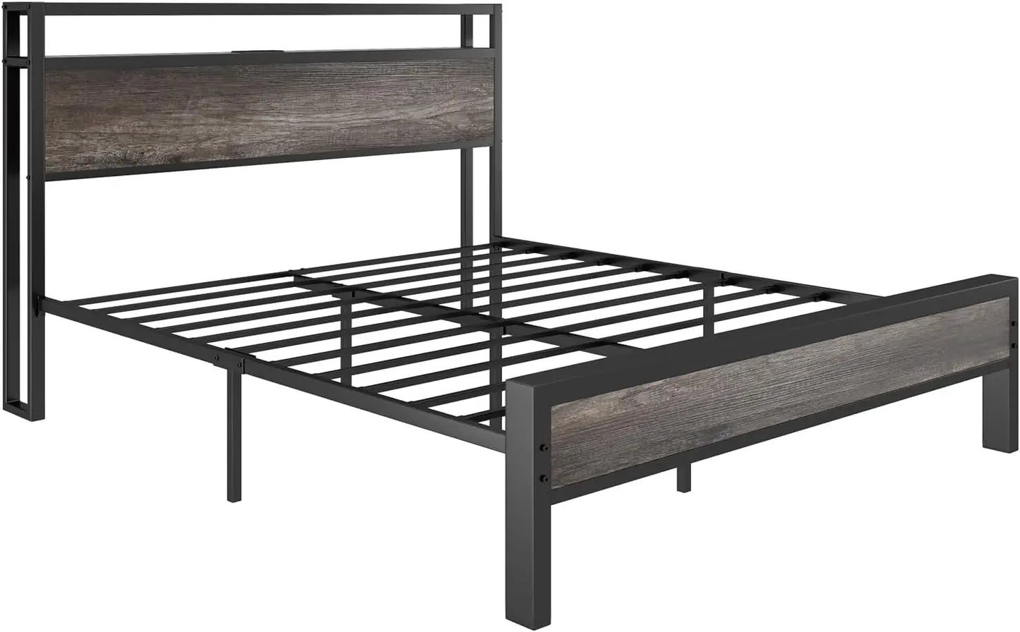 Queen Size Bed Frame Industrial Platform Bed with Charging Station, 2-Tier Storage Headboard/No Box Spring Needed/Noise
