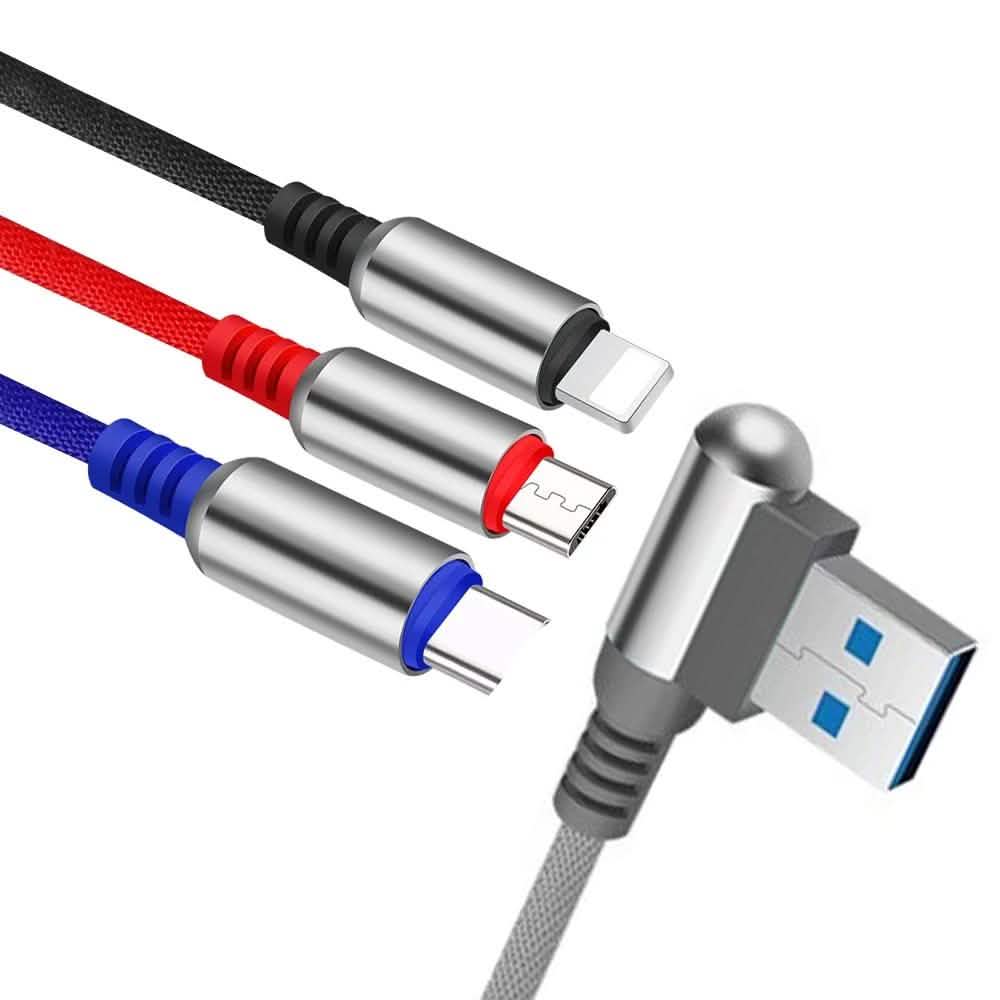 3-In-1 Charging Cable USB to Micro USB + Type C + Lightning Charging Cable Fast Charging
