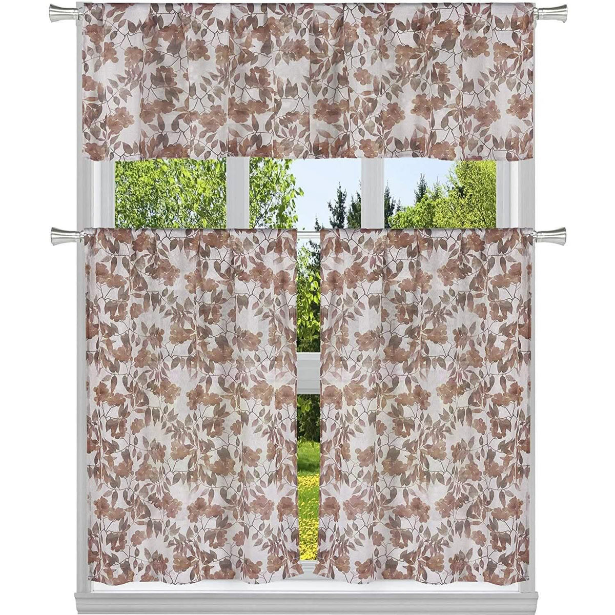 3-Piece: Chic Floral Pattern Semi-Sheer Kitchen Curtain Tier and Valance Set