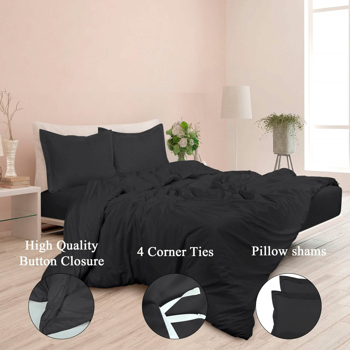 3-Piece Set: Royale Double Brushed Duvet Covers Set With Button Closure & Corner Ties