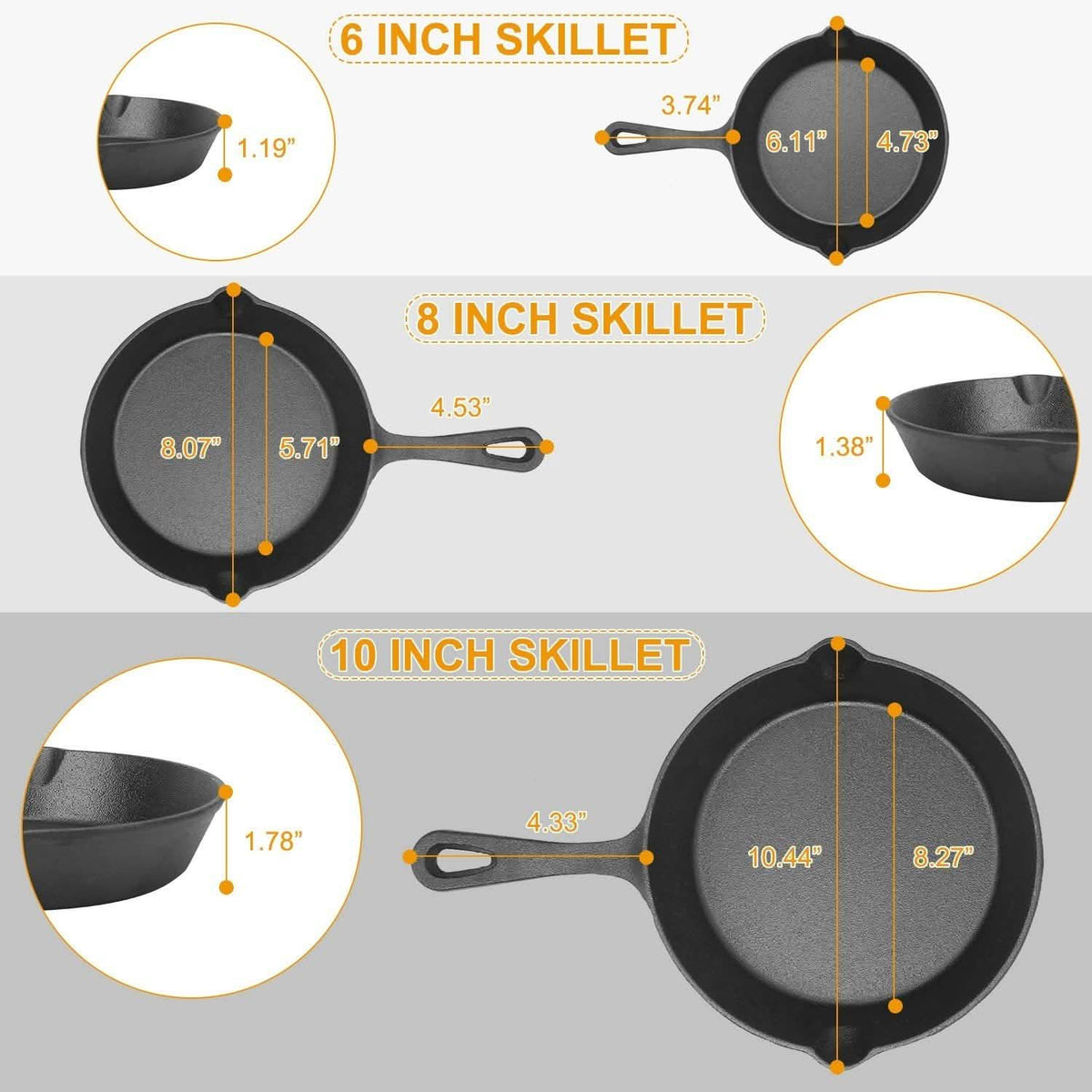 3-Pieces: Pre-Seasoned Cast Iron Skillet