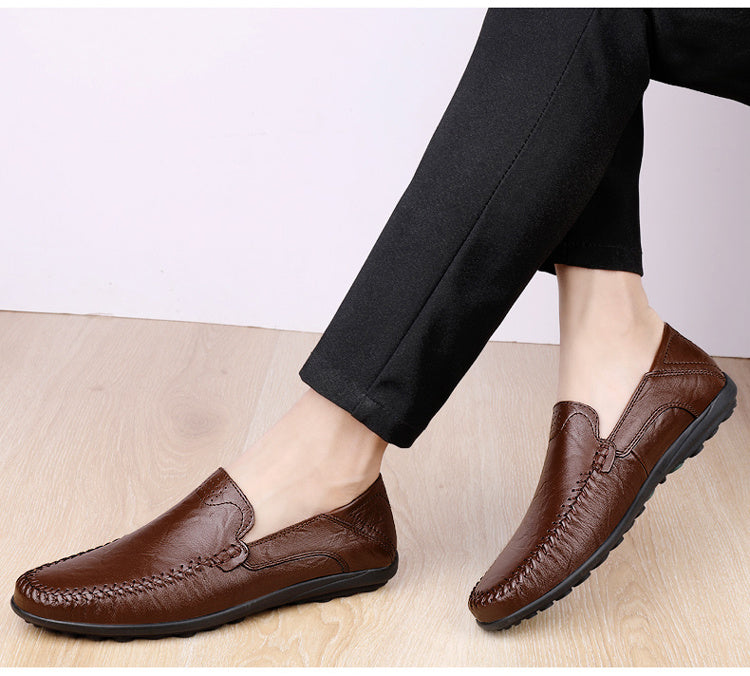 CLOHOO Men's Genuine -like Upper Slip-On Dress Loafers - All-Season Round-Toe Business Casual Shoes with PU, Brown/Black, Durable Rubber Sole for Office, Vacation & Formal Wear (No Laces/Ties)